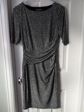 Lauren Ralph Lauren Black and White Printed Ruched Jersey Midi Dress Size 0